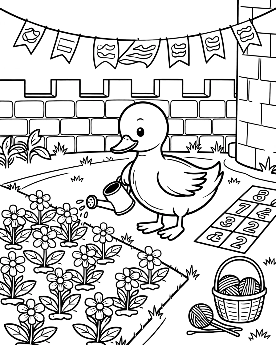 A paddling duckling is watering rows of flowers with a tiny watering can inside a castle courtyard with fluttering banners. Just beyond, a hopscotch grid chalked onto the pavement and a basket of yarn and knitting needles nearby fill the page with charm.