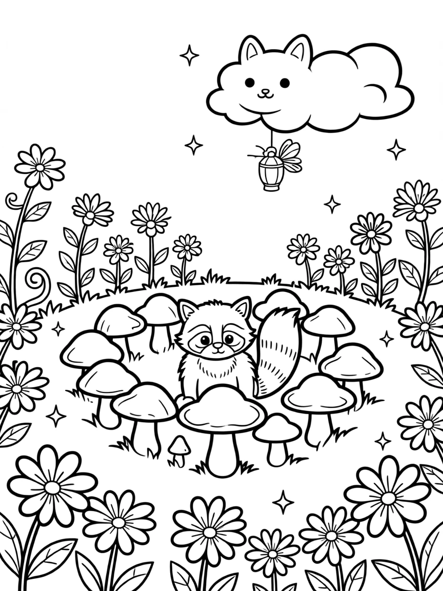 A wide view in an enchanted garden where flowers glow like lanterns, featuring a ring of mushrooms glowing with soft fairy light, a round raccoon, and a gentle cloud shaped like an animal, with a glowing firefly lantern nearby.