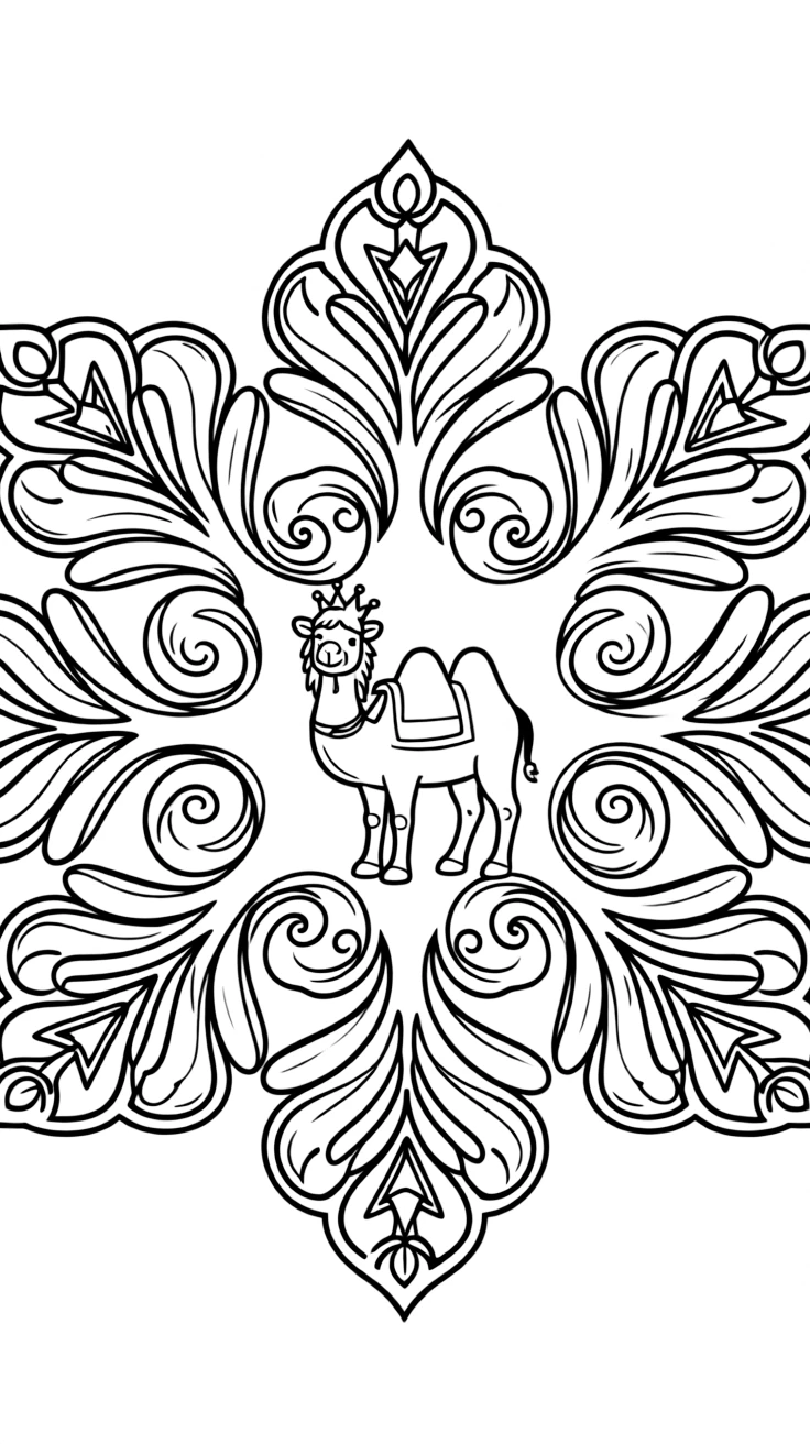 Zoo & Safari Animals: The main subject is a camel with two rounded humps, drawn as the focal point of a snowflake-shaped mandala with six symmetrical arms. It is centered on the page, anchoring a design that expands outward in smooth, even waves. Decorative details fill the surrounding space, including loops of ribbon curling back on themselves, clusters of tiny acorns, and rows of teardrop-shaped petals woven throughout the background. A playful extra touch completes the page: a small crown resting just above the center of the design.