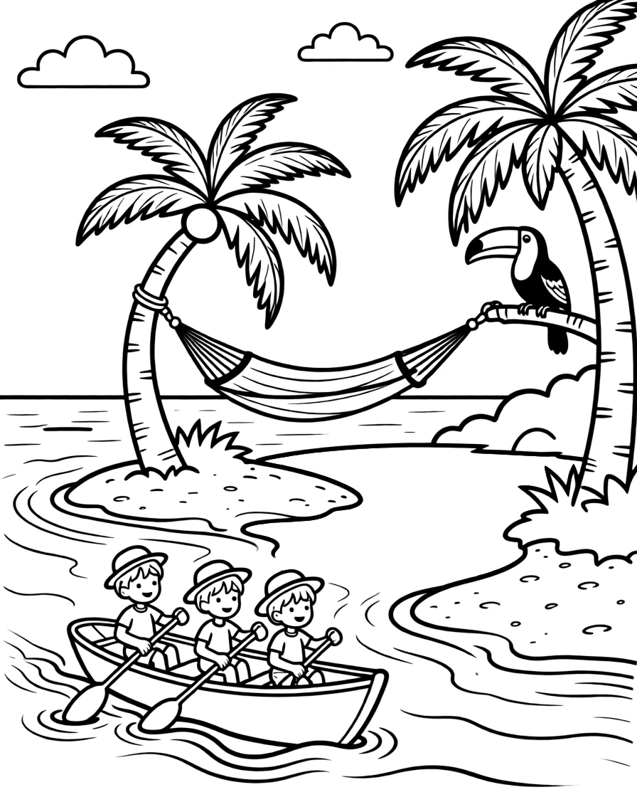 [Tropical Islands] A group of children paddle a small canoe toward a tiny island with a single curved palm tree. A toucan perches on a low branch overlooking a hidden cove with turquoise water. A rope hammock hangs between two palm trees overlooking a curve of white sand. Clear blue skies stretch above the lagoon as gentle waves roll onto the shore.