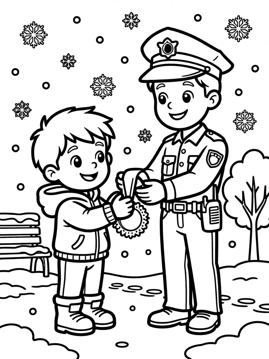 A little brother getting a junior badge from a police officer while snowflakes fall softly.