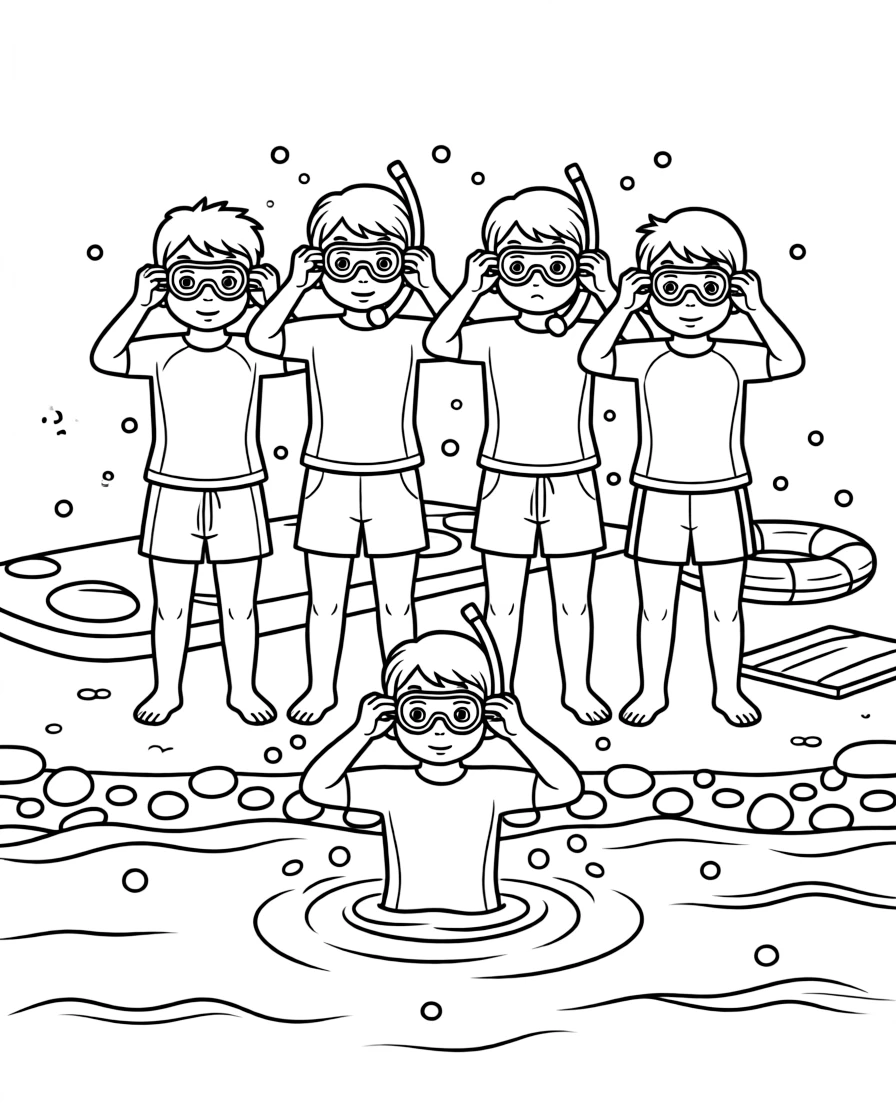 A group of classmates, adjusting a foggy mask at the surface before diving back down.