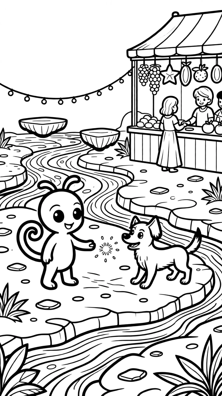 Fuzzby, a curious alien creature with a curly tail training a pet meteor-hound to fetch comet dust, in a lava planet with rivers of glowing orange magma and floating platforms, with a busy market stall selling glowing fruit and twinkling string lights strung between floating platforms nearby.