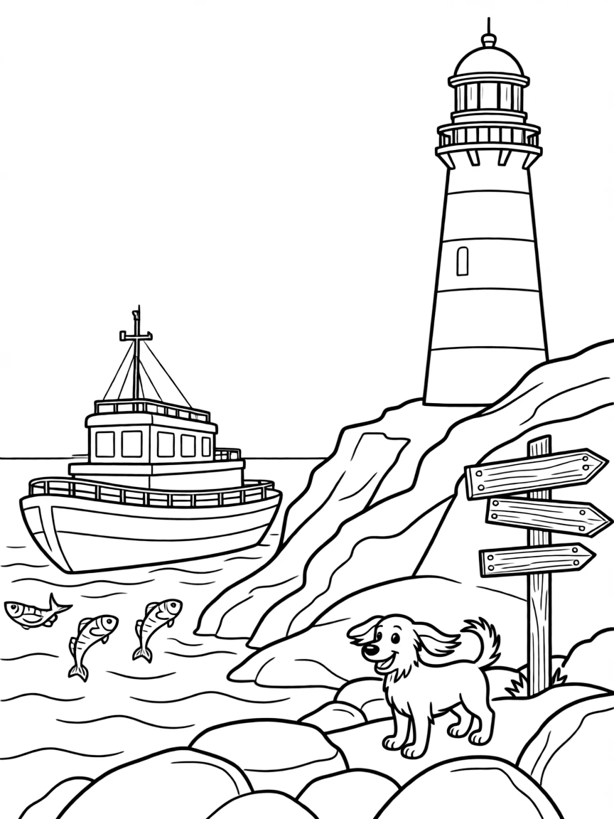 In this scene, a red-and-white lighthouse tender boat near a rocky coast is the star of a rocky coastline with a striped lighthouse on the cliff, joined by a friendly dog with its ears flapping in the wind, with fish leaping playfully out of the water nearby and an old wooden signpost pointing to faraway towns scattered throughout for kids to color.