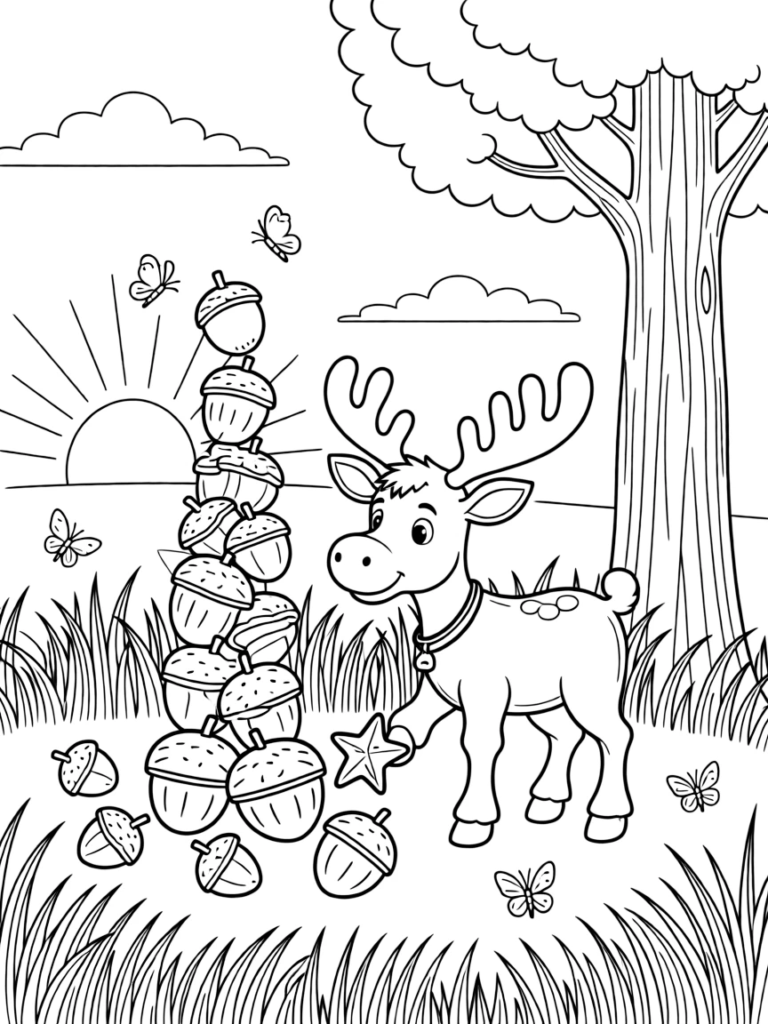 A moose calf stacking acorns into a tower with a starfish in a field of tall grass, near a giant redwood tree, as the sun sets in soft colors.