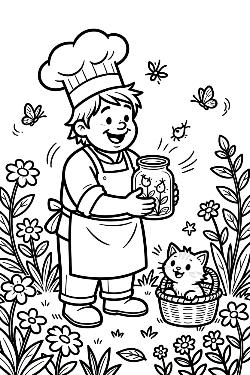 In a garden where the flowers hum little tunes, a curious ogre chef discovers the joy of catching fireflies in a jar to light up the night, while a curious kitten peeking out from a basket watches happily nearby. Warm smiles and happy cheers fill the scene.