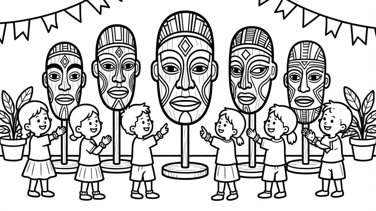 A coloring page showing carved wooden masks displayed for a festival celebration in Nigeria, admired by a group of delighted children gathered close by.