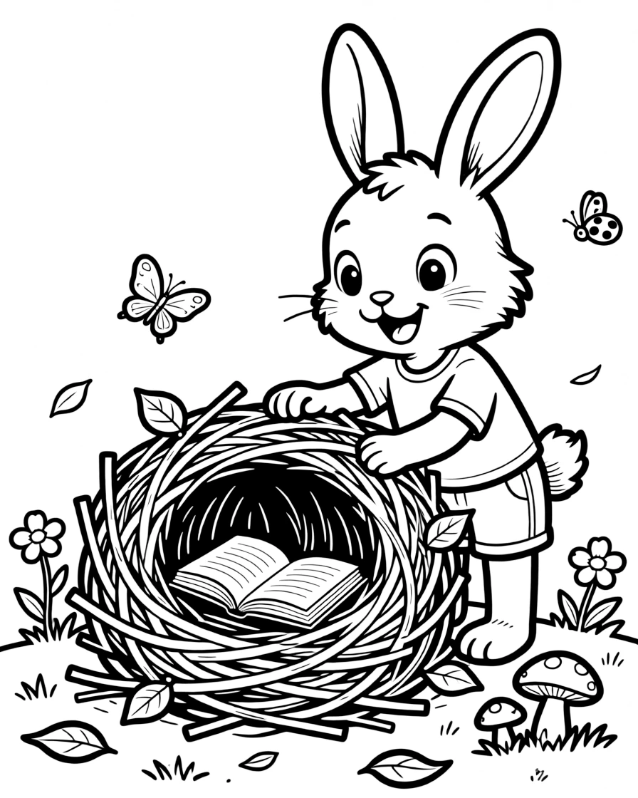 an excited a rabbit with big ears builds a small nest-shaped fort out of twigs for reading time.