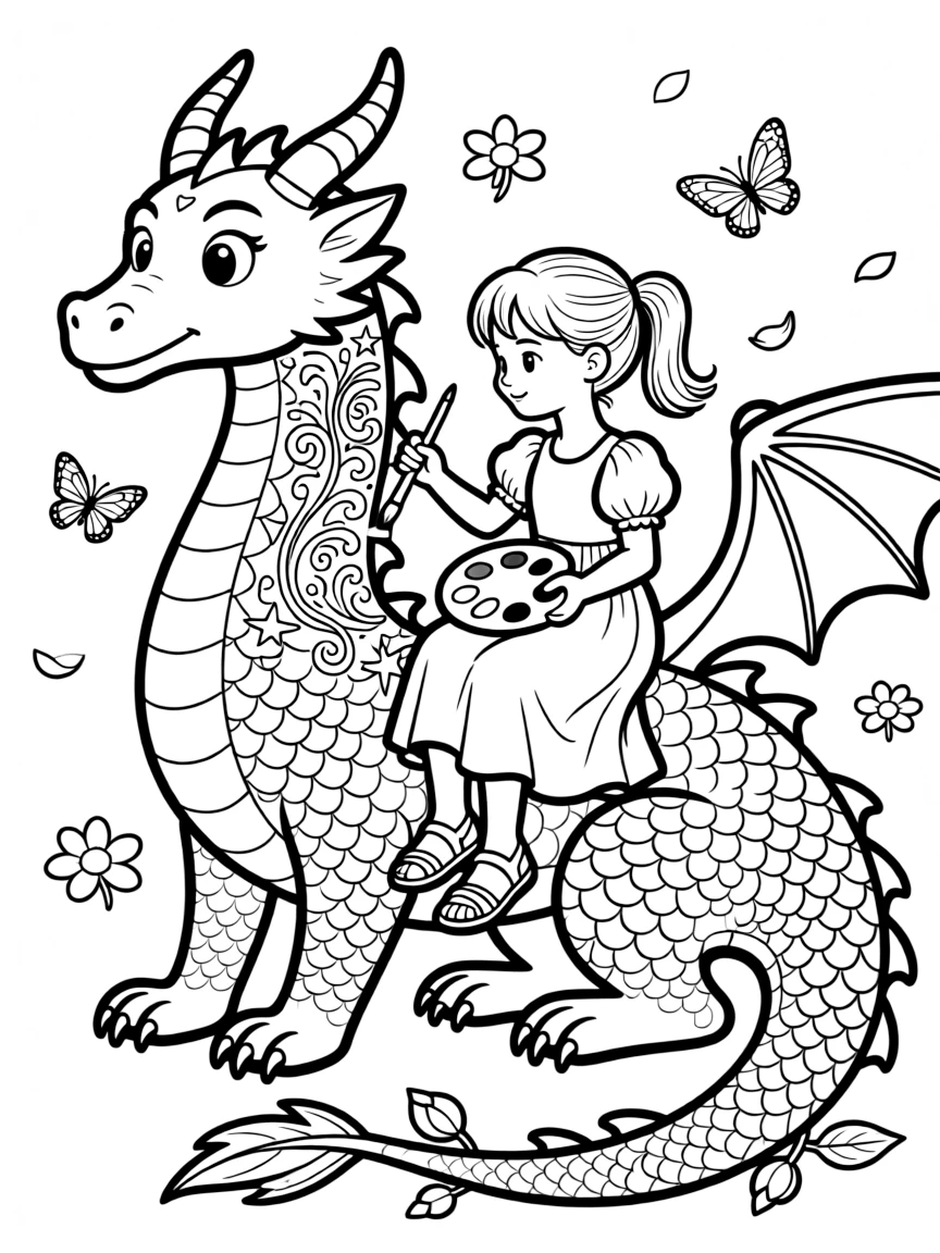 A young dragon rider paints colorful patterns on her dragon's scales for an upcoming festival parade.