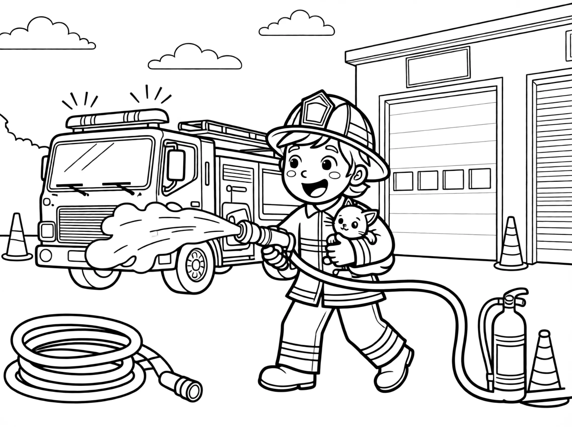 [Firefighters] a firefighter aiming a hose carrying a rescued kitten to safety at a busy fire station, grinning with excitement, while warning lights flash atop the truck fills the surrounding area. A sturdy helmet and coat complete the uniform. Set in the late afternoon, with dust kicked up by the wind, the page bursts with adventure and imagination.
