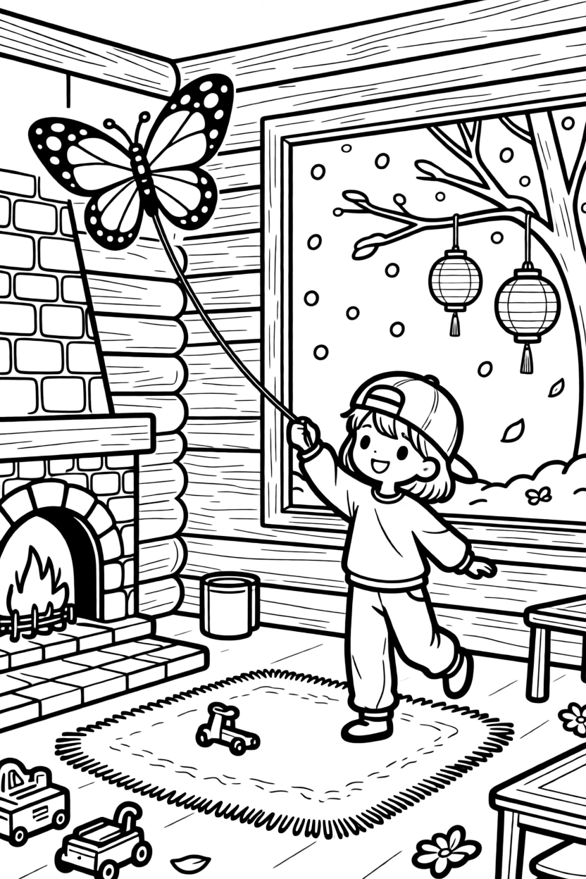 A girl wearing a backwards baseball cap is flying a colorful kite shaped like a butterfly inside a cozy log cabin during a gentle snowstorm. Just beyond, paper lanterns hanging from low branches and scattered flower petals drifting in the breeze fill the page with charm.