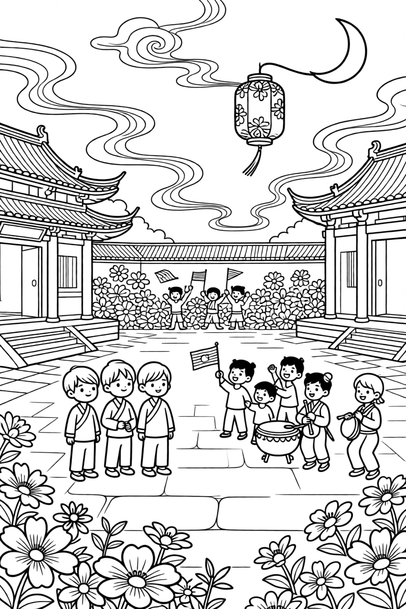 A wide view in a temple courtyard filled with flowers and incense smoke, featuring a lantern drifting past a crescent moon, a group of three friends, and children waving small flags, with musicians playing lively instruments nearby.