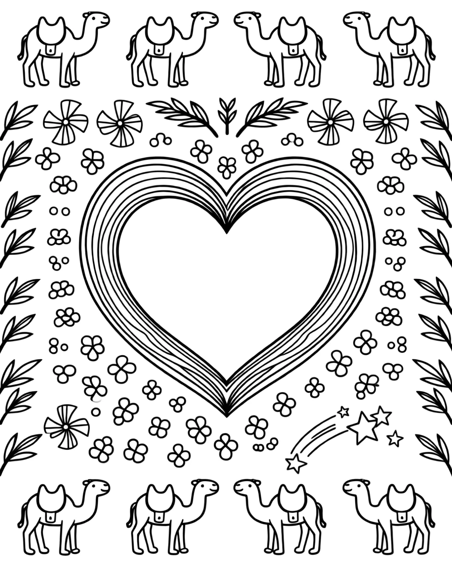 Zoo & Safari Animals: The page centers on a repeating motif of a camel with two rounded humps, built around a heart-shaped mandala framed by soft curling loops. The motif is lined up along the top and bottom edges, mirrored by a matching row along the left and right sides. Decorative details fill the surrounding space, including pinwheel blades spinning in place, rows of gentle leaf veins branching outward, and a field of tiny honeycomb cells woven throughout the background. A playful extra touch completes the page: a small cluster of shooting stars tucked into one corner.