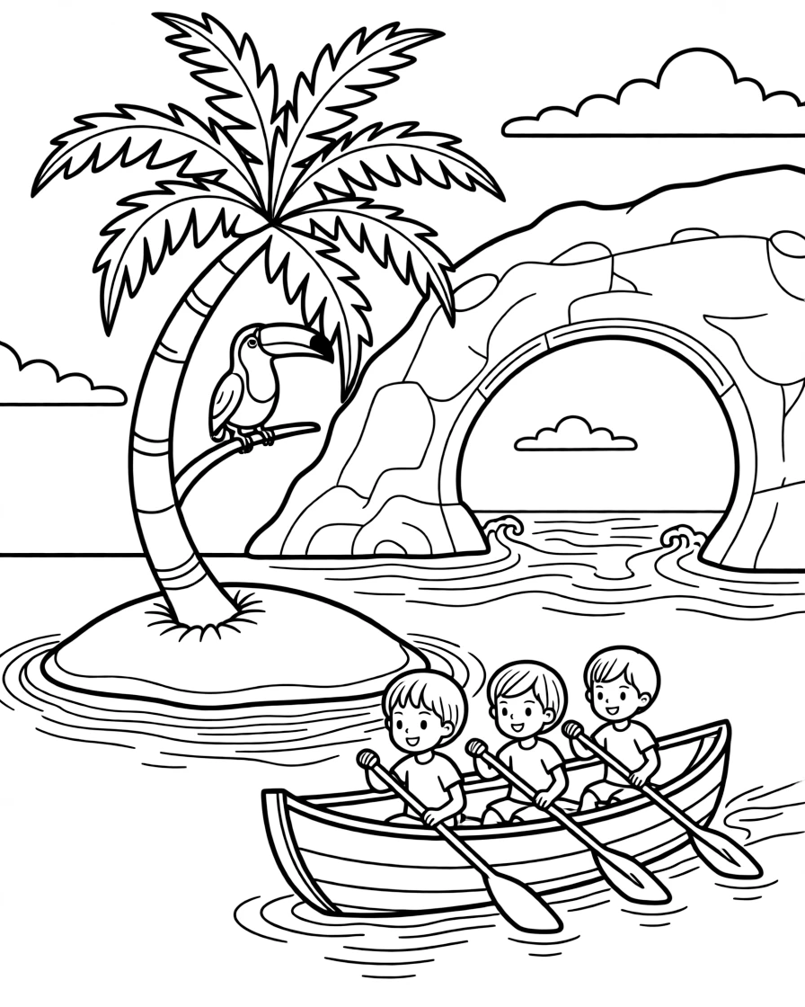 [Tropical Islands] A group of children paddle a small canoe toward a tiny island with a single curved palm tree. A toucan perches on a low branch overlooking a hidden cove with turquoise water. A rocky archway frames a hidden cove where gentle waves lap against the shore. A warm breeze rustles the palm fronds as the sun sets in brilliant orange and pink.