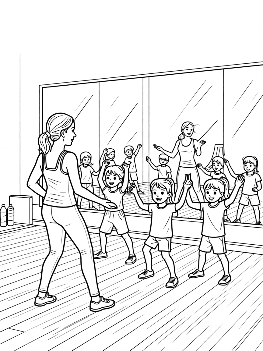 A dance fitness instructor leads a lively class in a mirrored studio.