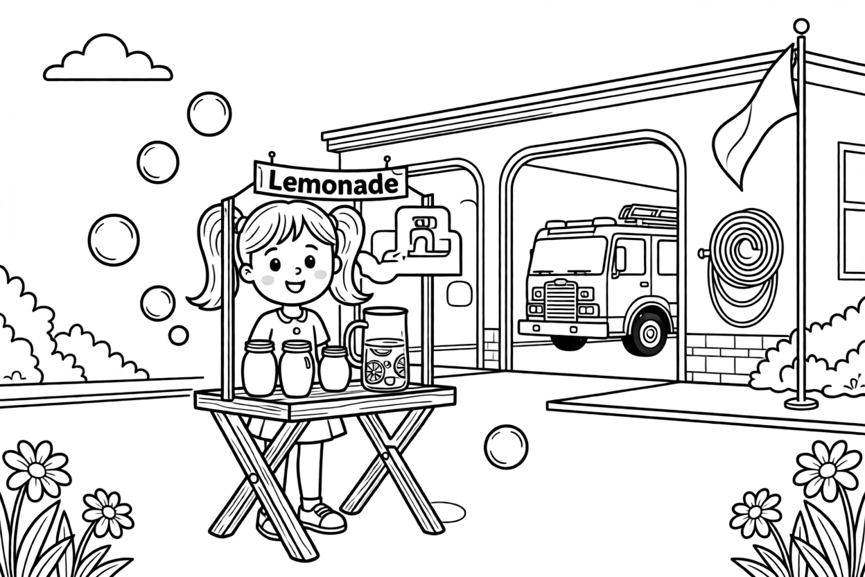 A girl in pigtails selling homemade lemonade at a fire station open house as soap bubbles float upward.