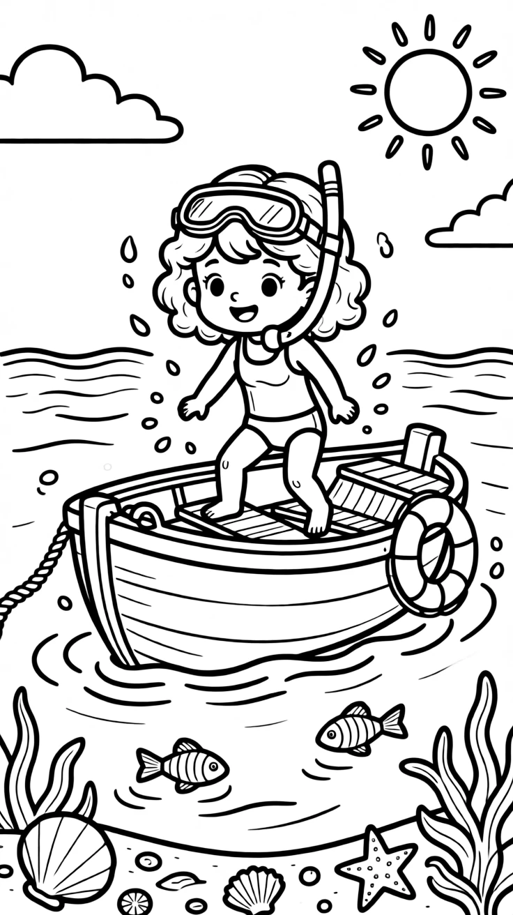 A little girl with curly hair, climbing back onto a boat, mask pushed up, grinning after a great snorkel.