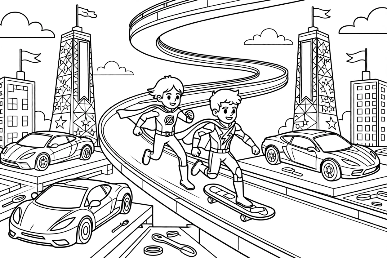 In a workshop garage filled with half-finished hovercars, twin superhero siblings Miko (magnetic) and Rex (super-fast) chasing a runaway hoverboard down a spiral skyway, while banners and flags fluttering from tall towers adds to the excitement.