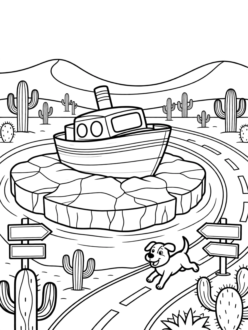An icebreaker ship crunching through arctic ice floes takes center stage in a golden desert dotted with cacti and distant sand dunes, where an excited puppy chasing along the road can be seen nearby, surrounded by road signs pointing toward fun destinations.