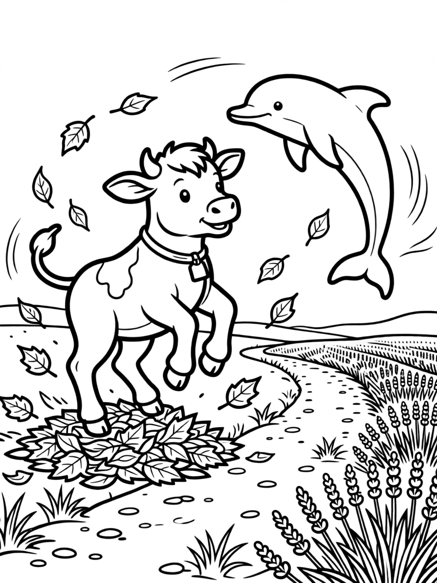 A calf jumping in autumn leaf piles with a dolphin along a dusty savanna trail, near a lavender field, as autumn leaves swirl in the wind.
