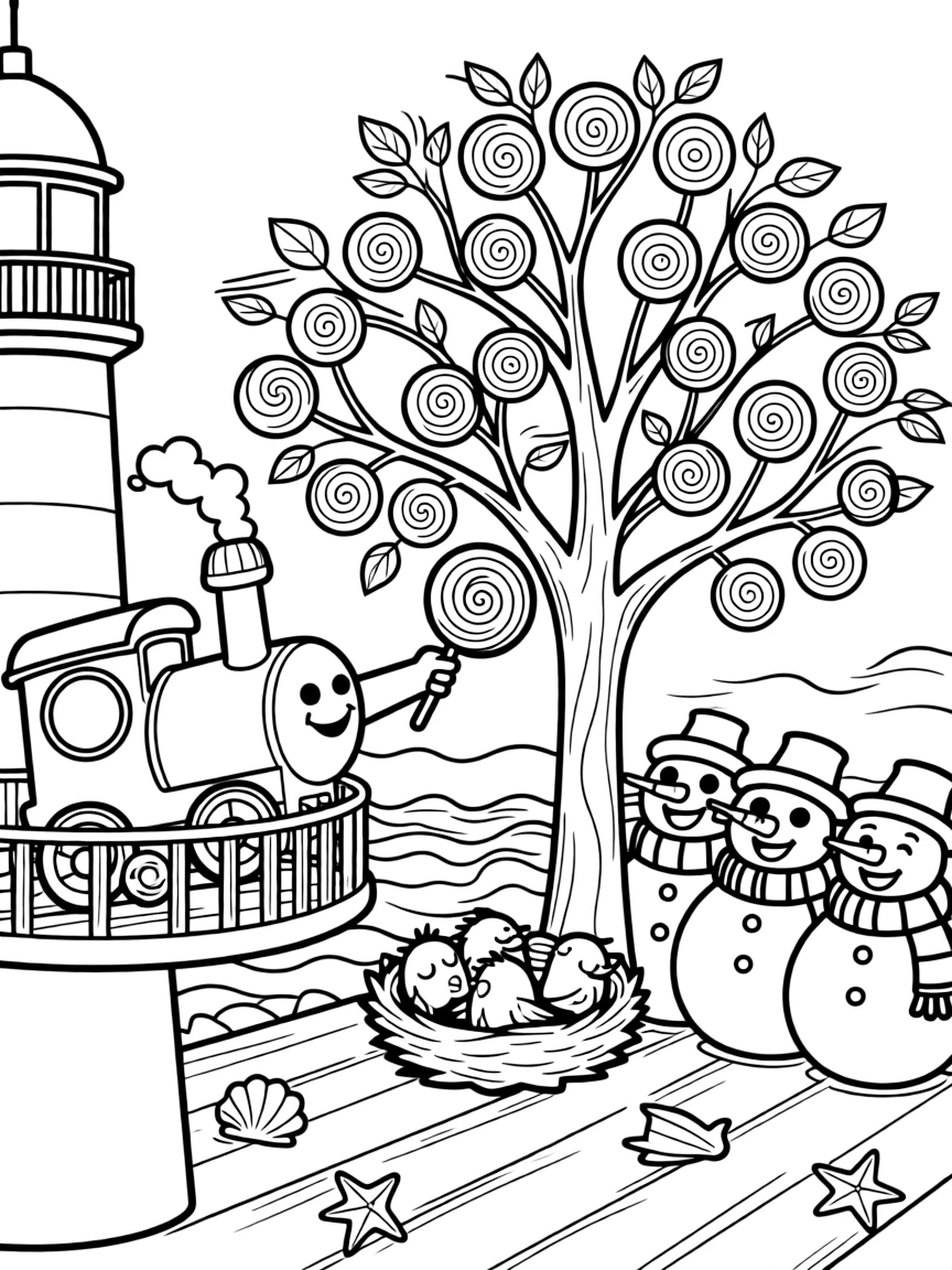 On a lighthouse balcony overlooking a stormy sea, a bright-eyed train engine with a smiling face is busy picking apples from a tree that grows lollipops, cheered on by a nest of sleepy baby birds and a group of snowmen wearing matching scarves. Everyone is laughing and having the best time.