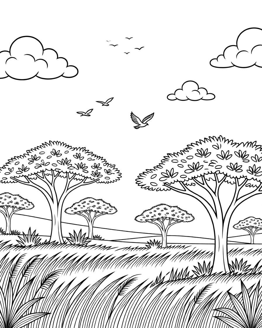 A coloring page celebrating Kenya featuring wide golden savanna grassland with acacia trees under a big sky, with a few small birds in the sky and friendly clouds nearby.