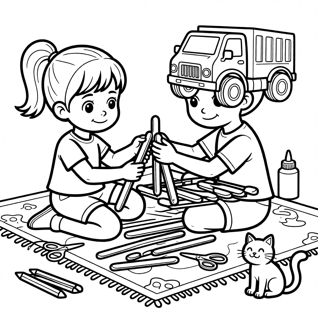 a bright-eyed little girl constructs a bridge from craft sticks to hold up a toy truck.