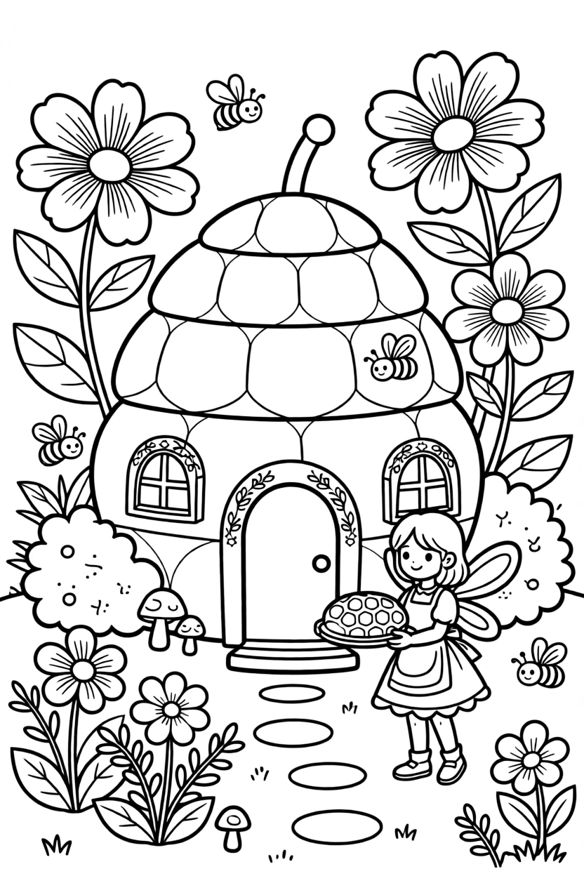 A fairy village bakery sells honeycomb bread baked inside hollowed-out beehives, bees buzzing happily nearby.