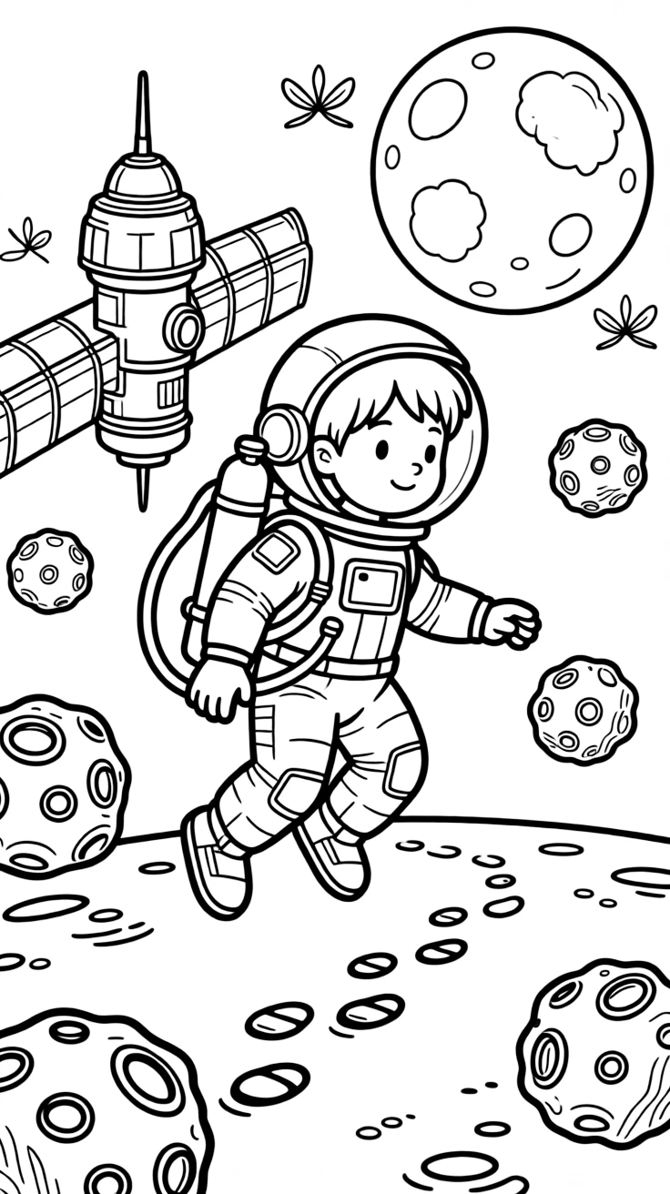 [Astronauts] a young astronaut explorer floating weightlessly near a space station among floating asteroids. In the background, footprints trail across the dusty ground, adding extra fun to explore. A backpack of oxygen tanks rests on the suit. It all happens under a full moon, with fireflies beginning to glow.