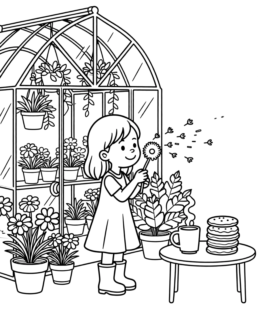 A girl in colorful rain boots is blowing dandelion seeds into the breeze inside a greenhouse overflowing with blooming plants. Just beyond, a curling wisp of steam from a warm mug and a stack of freshly baked pastries add a sprinkle of wonder to the moment.