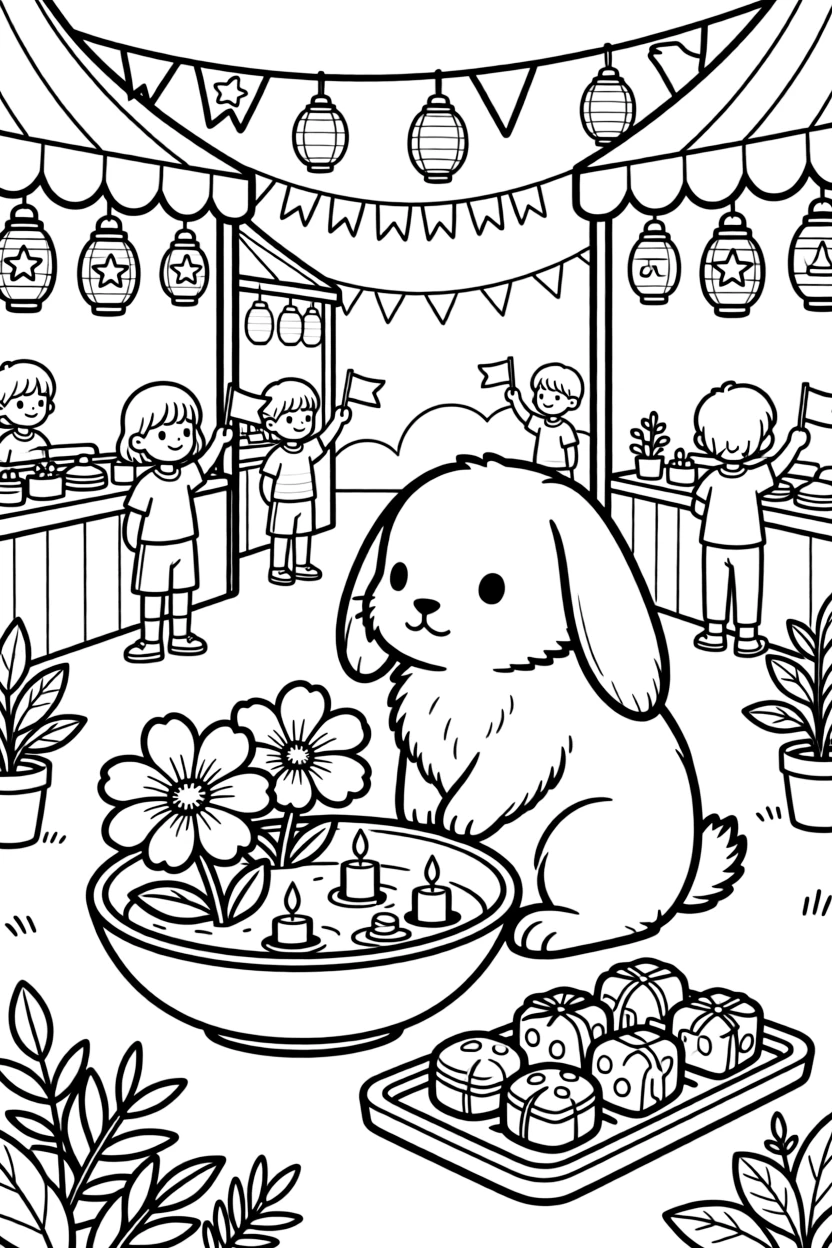 A floppy-eared bunny admiring a bowl of floating flowers and candles at an open-air night market lit with glowing lanterns, near a tray of sweets wrapped in colorful paper and children waving small flags.
