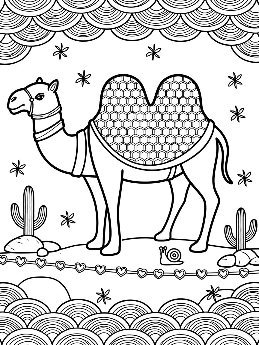 Zoo & Safari Animals: The page presents a small themed scene built around a camel with two rounded humps, tied together by a honeycomb mandala tiled from small hexagon cells. The scene is arranged in a mirrored scene, with matching elements balanced on the left and right halves of the page. Decorative details fill the surrounding space, including tiny pinwheel stars, a chain of linked heart shapes, and overlapping fish-scale textures woven throughout the background. A playful extra touch completes the page: a little snail resting quietly on one of the larger shapes.