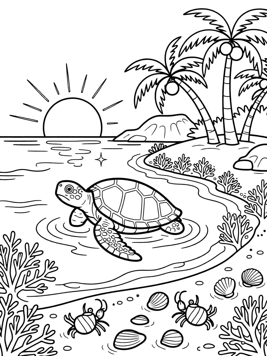 [Tropical Islands] A sea turtle swims lazily near a small island ringed with coral and clear blue water. Hermit crabs explore a scattering of shells beneath a cluster of leaning palm trees. Coral formations rise beneath the clear water near a cluster of smooth volcanic rocks. Golden afternoon sun glimmers across the water near the quiet, sandy cove.