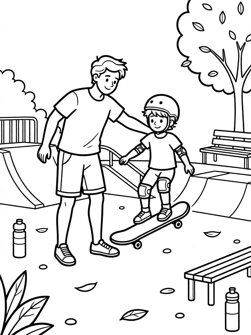 A skateboard coach teaches a kid a trick at a colorful skate park.