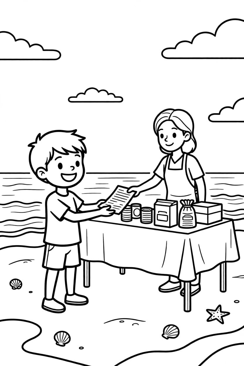 A small boy handing out flyers with a big smile at a food bank volunteer table as waves gently lap the shore.