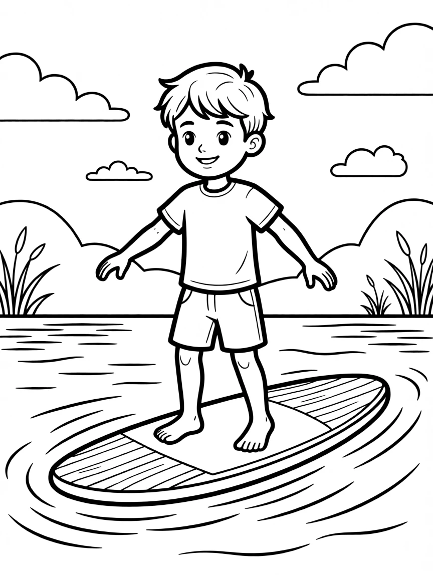 A cheerful young boy, balancing carefully on a paddleboard while gliding across a calm lake.