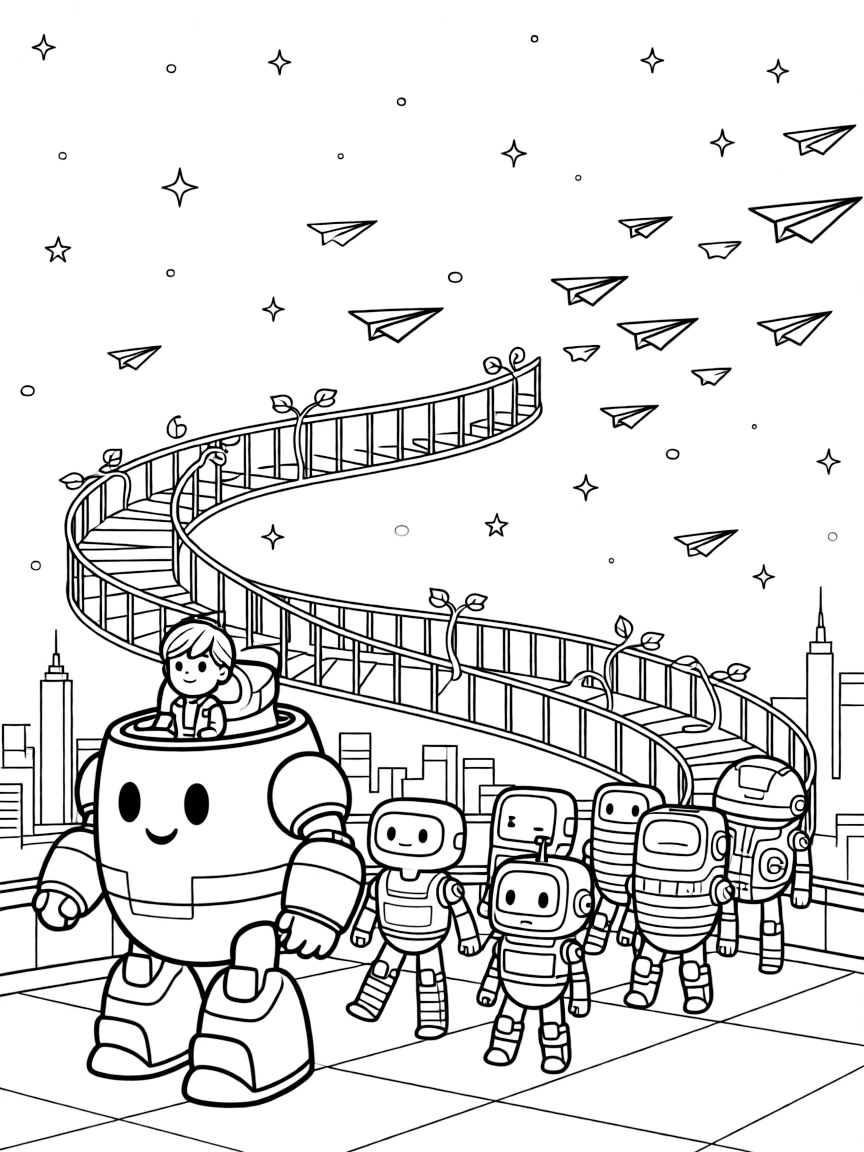 Young pilot Ember riding inside the friendly giant mech Guardian Prime leading a parade of friendly robots through a festival in the cyber city in a starlit rooftop deck used for stargazing parties, as a spiral staircase wrapped in glowing vines and a fleet of paper airplanes gliding past fill the scene.