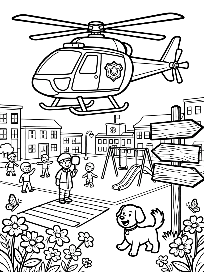 This page centers on a police helicopter circling above a city block exploring a sunny schoolyard with a crossing guard and playground, featuring a friendly dog with its ears flapping in the wind and little extras like butterflies fluttering near a patch of wildflowers and an old wooden signpost pointing to faraway towns.
