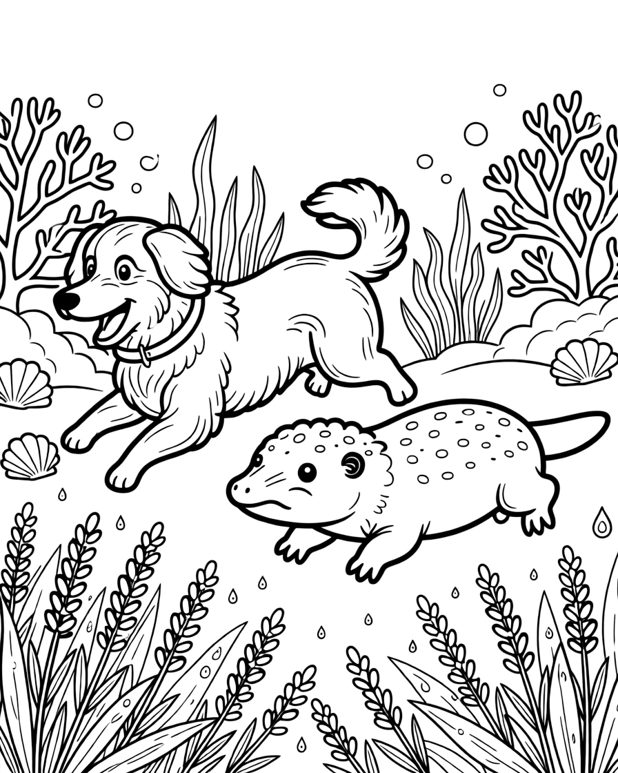 A sheepdog in a coral reef, racing playfully alongside a platypus, next to a lavender field, as dewdrops sparkle on the leaves.
