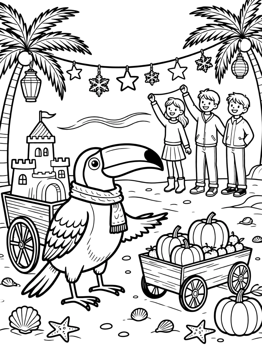 A twinkly toucan fruit seller takes a break from adventures to try decorating the town square for a winter celebration at the beach among sandcastles and seashell forts, with a wagon overflowing with glowing pumpkins close behind. The whole gang can't stop smiling.