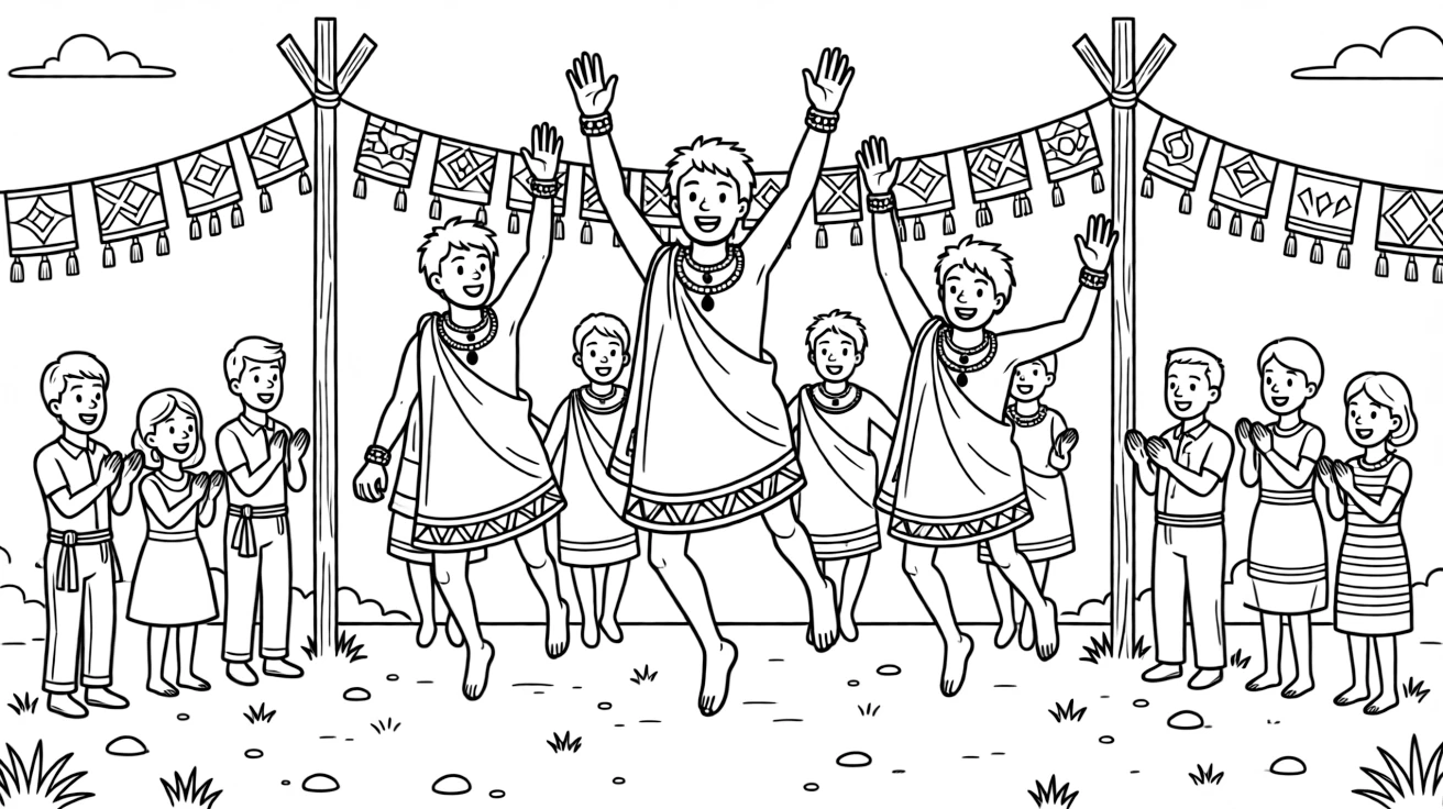 A coloring page showing a lively celebration in Kenya with a Maasai celebration with warriors leaping high in a traditional jumping dance, while families clap and cheer and colorful banners hang overhead.