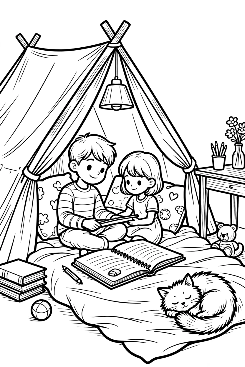 a bright-eyed older brother and his little sister sits in a blanket fort and writes a short story in a notebook while a curious cat naps on the desk.