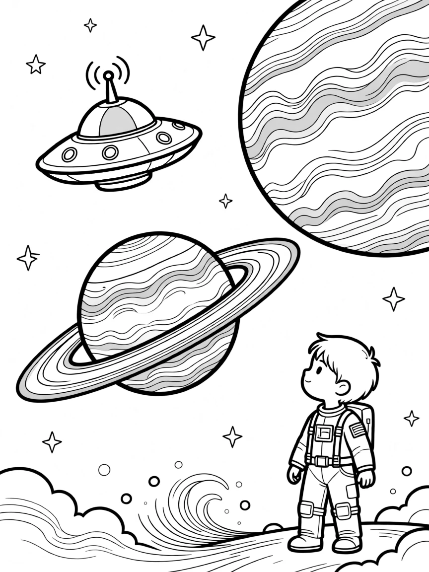 [Spaceships] a round flying saucer zooming past a ringed planet near a ringed gas giant, gasping in amazement. Nearby, distant stars twinkle across the dark sky. A radar dish spins slowly on top. The scene is captured at sunset, with dust kicked up by the wind, giving the page a lively and adventurous feel that invites plenty of colorful detail.