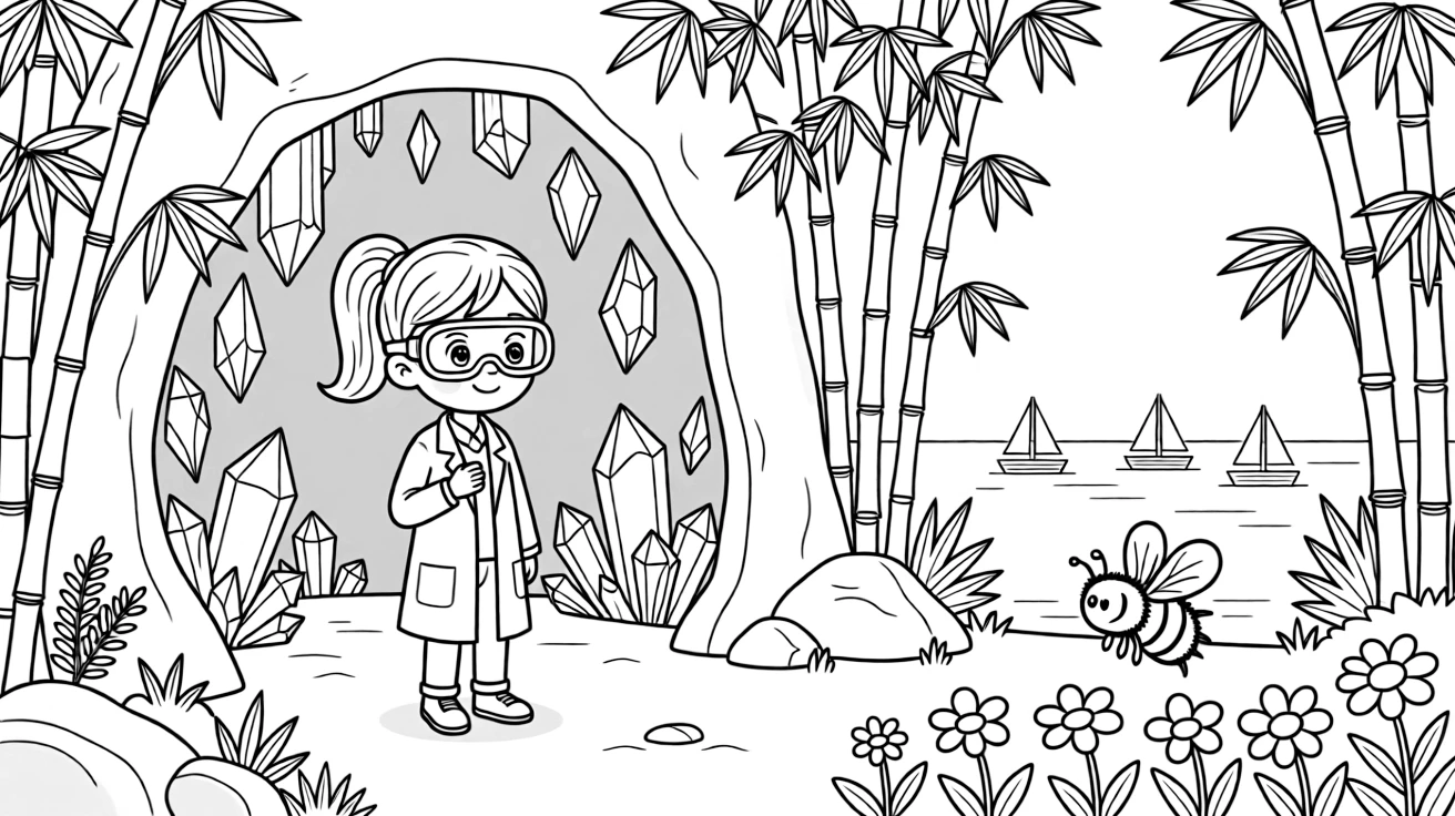 A girl scientist in a lab coat and safety goggles is exploring a cave glittering with crystals in a peaceful bamboo forest. In the background, a curious bumblebee buzzing among the blooms and little sailboats bobbing on the horizon add a playful, cheerful touch.