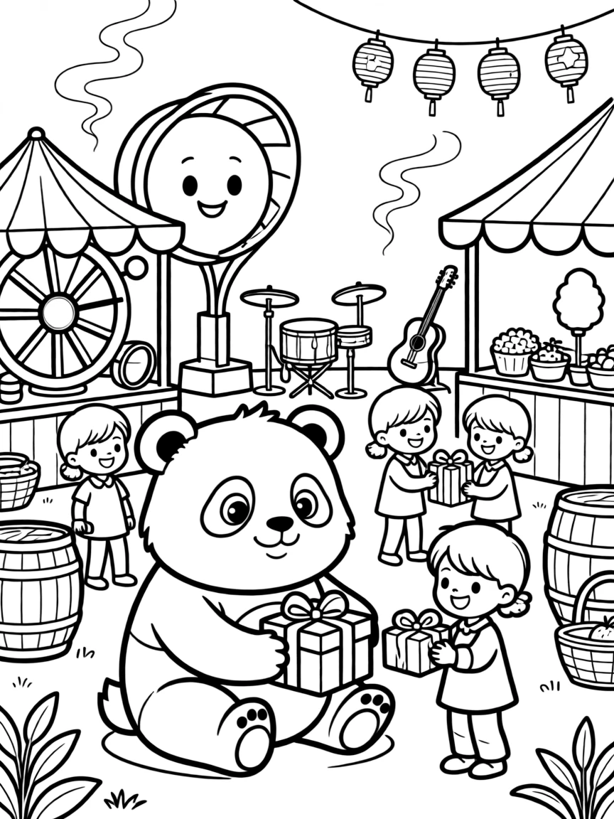 A chubby panda cub admiring children in new clothes exchanging gifts at a fairground with games, music, and food stalls, near incense curling into the air and a string of colorful paper lanterns.
