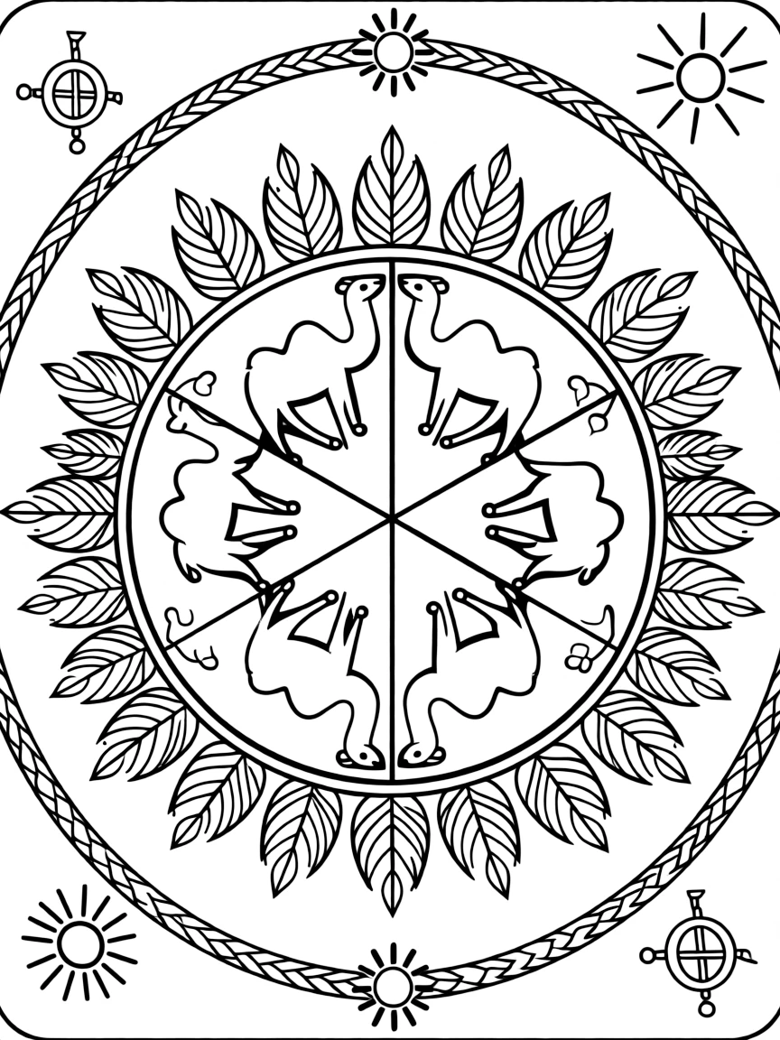 Zoo & Safari Animals: The design turns a camel with two rounded humps into a kaleidoscope-style composition anchored by a feather-ring mandala with plumes fanning outward. The imagery is reflected six times around a central point, so each wedge of the page mirrors the one beside it. Decorative details fill the surrounding space, including bands of braided rope shapes, rays fanning out like a small sunburst, and clusters of tiny bells woven throughout the background. A playful extra touch completes the page: a tiny compass shape resting in one corner of the design.