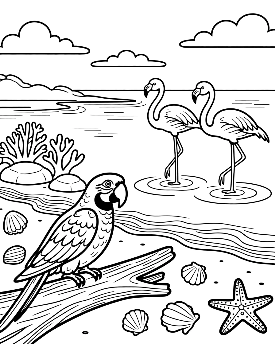[Tropical Islands] A colorful parrot perches on a driftwood log, surrounded by scattered seashells and starfish. A pair of flamingos wades in a shallow lagoon near the edge of the island. Coral formations rise beneath the clear water near a cluster of smooth volcanic rocks. Clear blue skies stretch above the lagoon as gentle waves roll onto the shore.