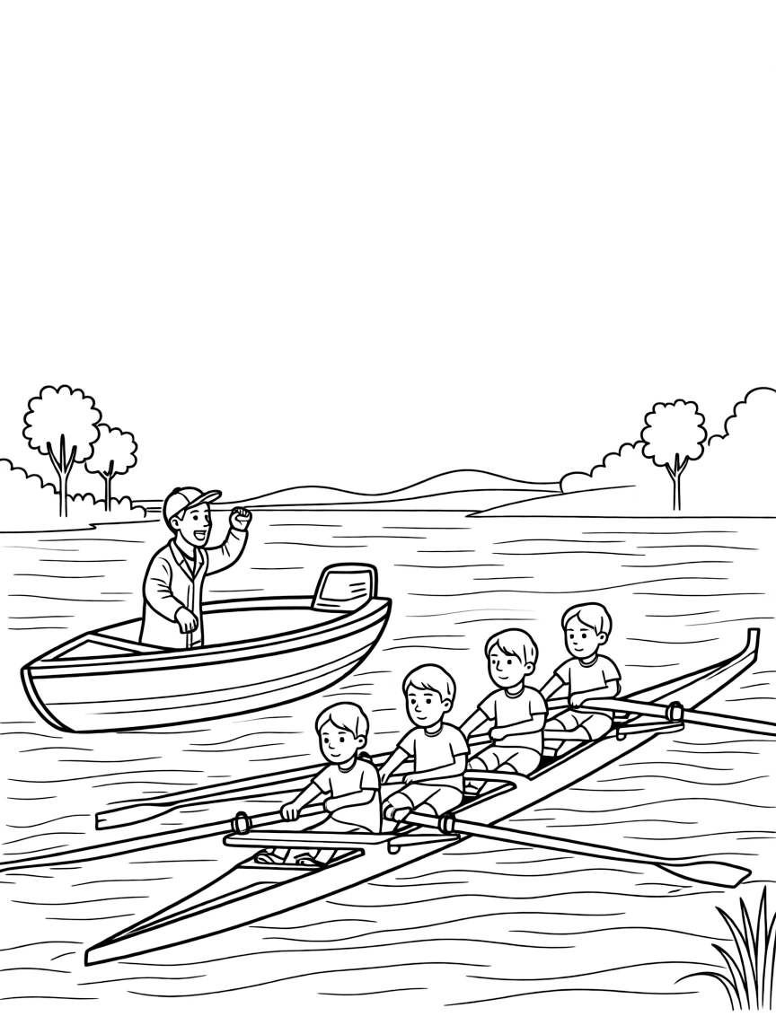 A rowing coach shouts encouragement from a boat beside a rowing team.