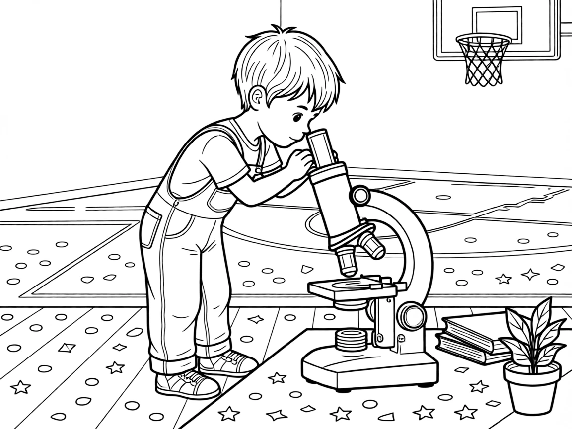 A boy in overalls looking through a microscope at the school gymnasium with confetti scattered on the ground.