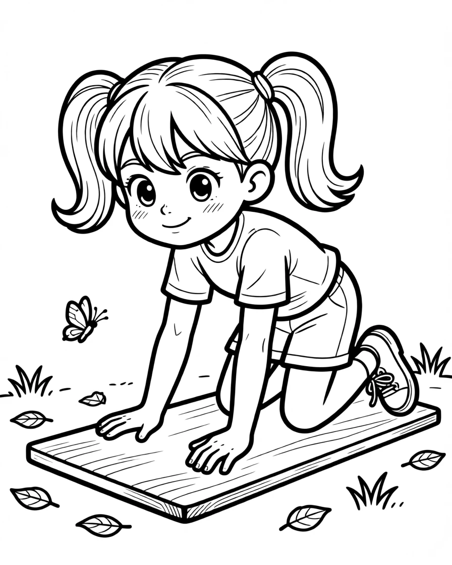 A determined girl with pigtails, kneeling on the board to steady themselves after a wobbly moment.